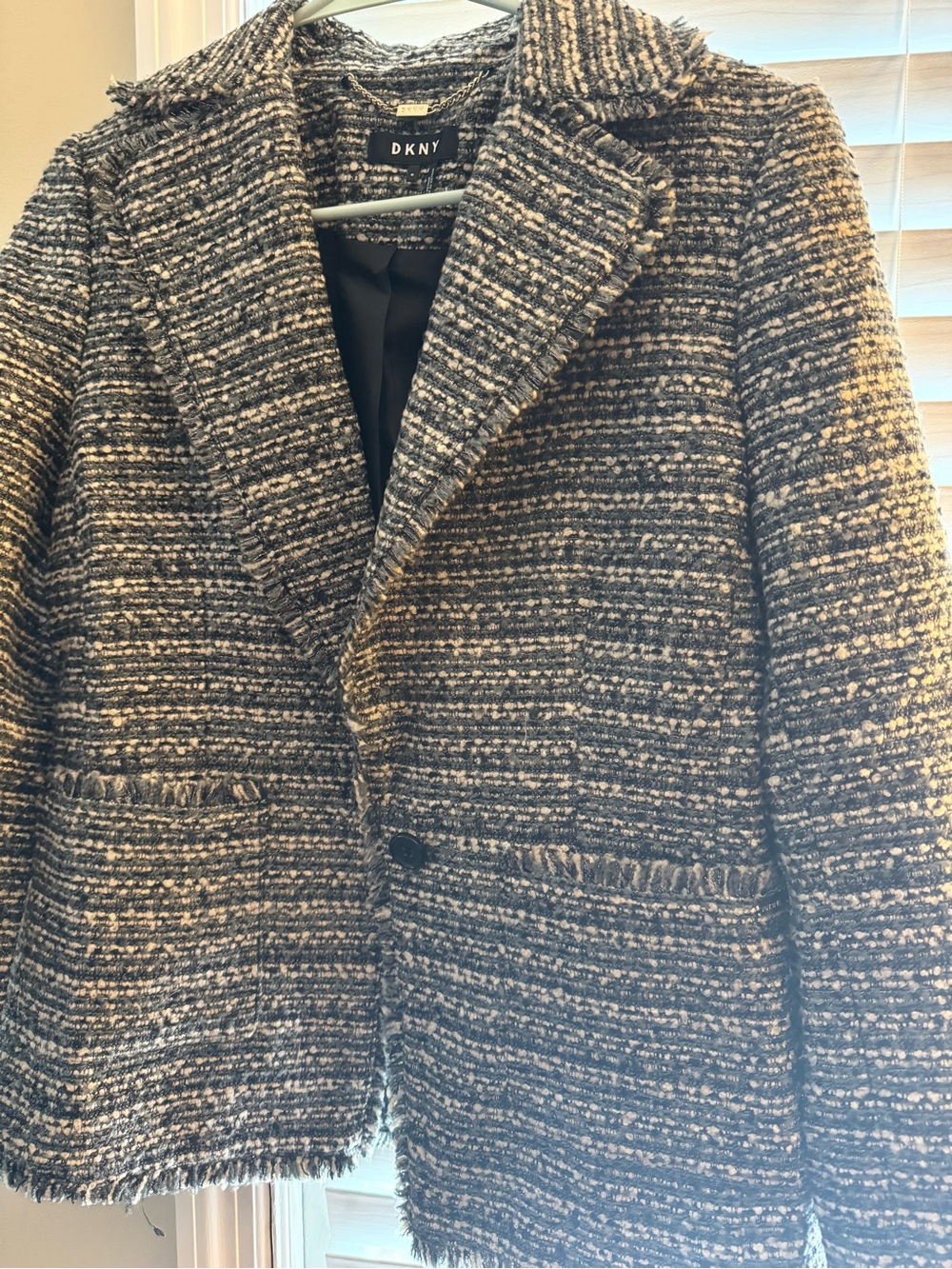 DKNY Women’s Textured Black, Teal, Gray Tweed Jacket